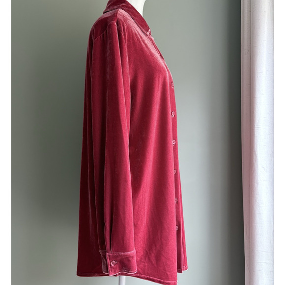 Soft Surroundings Velvet Boyfriend Tunic Button Up Shirt Garnet Red Cozy Luxe L - Picture 5 of 16